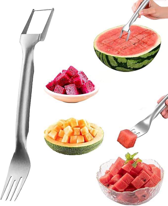 Watermelon Cutter, 2-in-1 Stainless Steel Fruit Cutter, Dual Head Watermelon Fork Slicer Tool, Summer Fruit Cutting Kitchen Gadget for Home (1PCS)