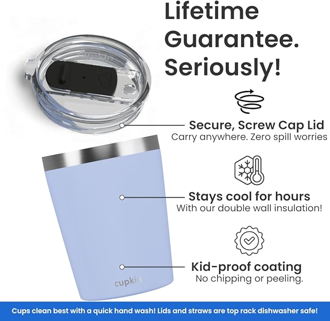 CUPKIN Stackable Stainless Steel Kids Cup Smoothie Tumbler, Powder Coated Insulated Tumblers, BPA Free Lid and Silicone Straw 8 Fl Oz (Pack of 1), Gray