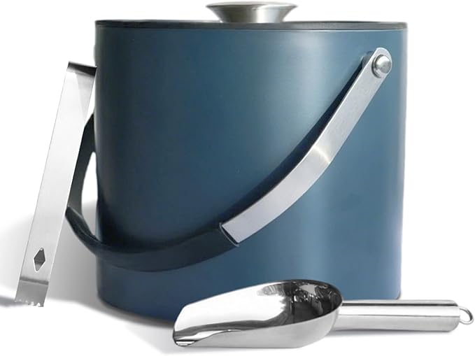 Bakpoco 4L Ice Bucket with Silicone Lid, Scoop, Tongs & Strainer, Stainless Steel Double Wall Insulated Ice Buckets for Parties & Cocktail Bar, Outdoor Champagne Ice Container Bin, Navy