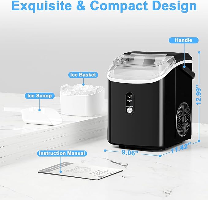 Nugget Ice Maker Countertop with Handle, Chewable Pellet Ice Maker with Self-Cleaning, 35.5Lbs/24Hrs, Ready in 6 Mins, Portable Sonic Ice Maker with Basket & Scoop for Home, Party, Camping, Black