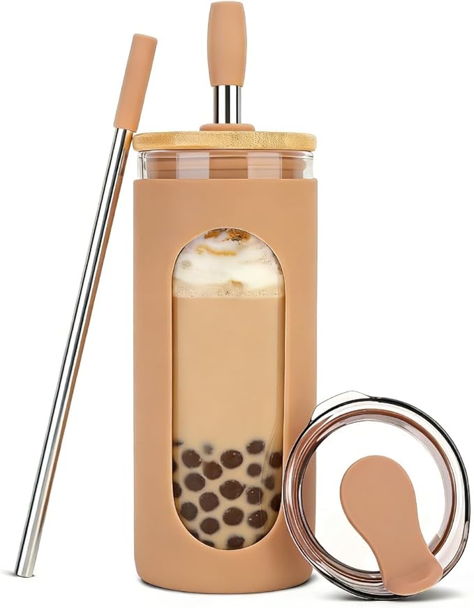 Sursip 20 oz Glass Tumbler with Lids and Straws, Reusable Borosilicate Glass Iced Coffee Cup with Bamboo Lid for Smoothie Boba Juice,Travel BPA-Free - Khaki