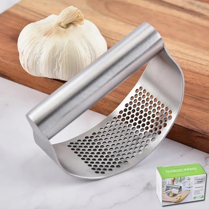 Garlic Press Rocker, Stainless Steel Garlic Mincer and Heavy Duty Stainless Steel Garlic Press Garlic Crusher,mincer tool Easy-Squeeze Garlic Tool with Peeler Cleaning Brush for Smashing Garlic