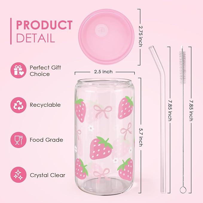 SANDJEST Strawberry 16 Oz Can Glass Tumbler with Acrylic Lid and Straw - Iced Coffee Cups for Women, Aesthetic Glass Cup Gift for Birthday Christmas