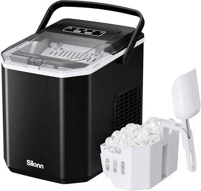 Silonn Countertop Ice Maker, Portable Bullet Ice Machine with Handle, 26 lbs/Day, 9 Ice Cubes in 6 Minutes, Self-Cleaning, Includes Basket & Scoop, for Home Kitchen Camping RV