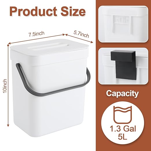 1.3 Gallon/5L Kitchen Compost Bin, Suitable for Countertops or Under Sink, Hanging Hook Trash Can with Lid, Ideal for Cabinets/Bathrooms/Bedrooms/Offices/Camping(White)