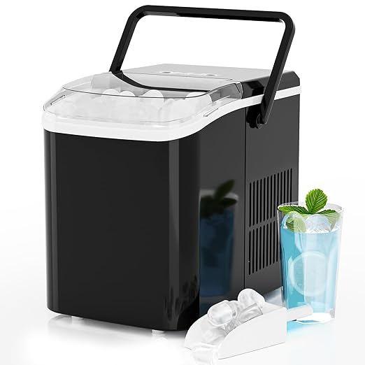 Ice Makers Countertop, Portable Ice Machine with Handle, 6 Mins 9 Bullet Ice Cubes with Basket and Scoop, 26lbs in 24Hrs, Auto-Cleaning, for Home, Kitchen, RV, Camping, Black