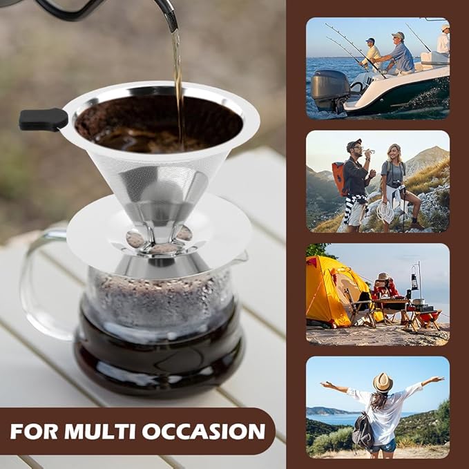 Pour Over Coffee Dripper, Stainless Steel Cone Coffee Filter with Base, Dual-Layer Fine Mesh Coffe Filter, Paperless Reusable Cone Coffee' Maker Dripper with Cleaning Brush(SIZE:M)