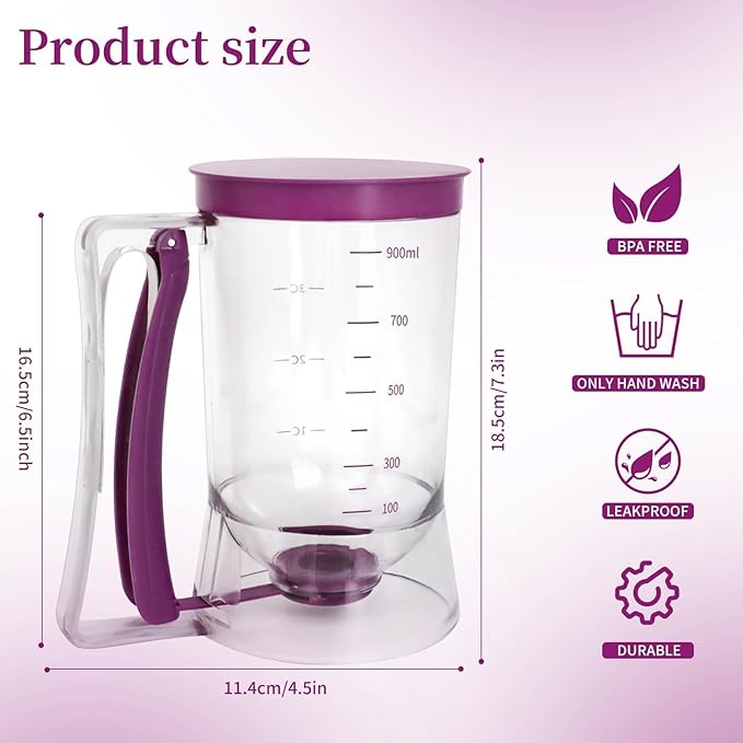Pancake Batter Dispenser - 4-Cup Cupcake Batter Separator with Squeeze Handle - Kitchen Must Have Baking Tool for Pancakes, Cupcake, Waffle, Muffin Mix - Pancake Maker with Measuring Label