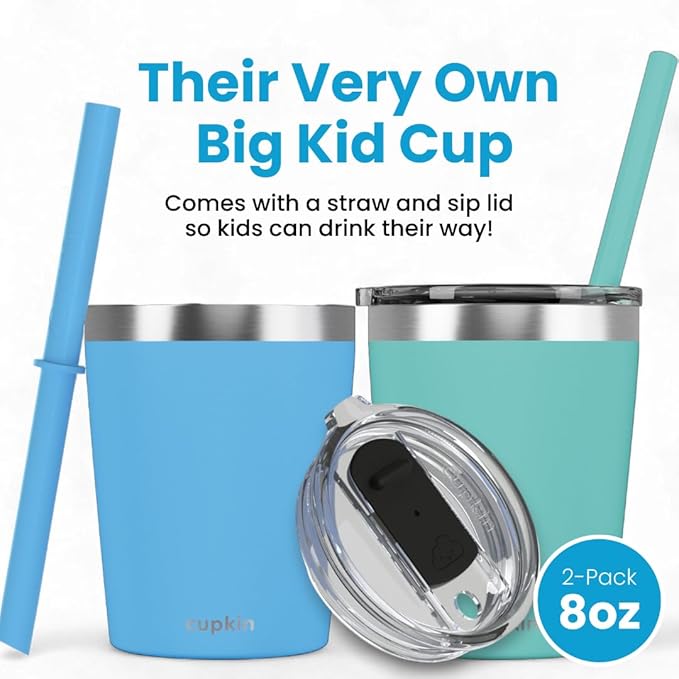 CUPKIN Toddler Cups with Straws, The Original 8 oz Stackable Stainless Steel Baby Straw Cup, Set of 2 Kids Cups, Powder Coated Insulated Kids Tumblers, No BPA Lids + Silicone Straws (Blue + Green)
