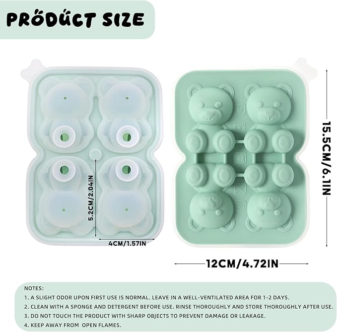 3D Bear Ice Cube Mold, Green Silicone Ice Cube Tray with Lid for Cocktail Whiskey, Large Ice Cube Trays for Freezer, Food Grade Reusable Ice Cube Molds, Cute Candies Chocolate Bear Silicone Molds