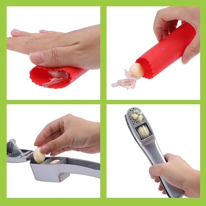 Garlic Press and Peeler Set - Silicone Garlic Peeler Tube Roller and Aluminium Garlic Press with Built-In Cleaning Tool Garlic Crusher, Mincer & Peeler for Unpeeled Garlic Cloves
