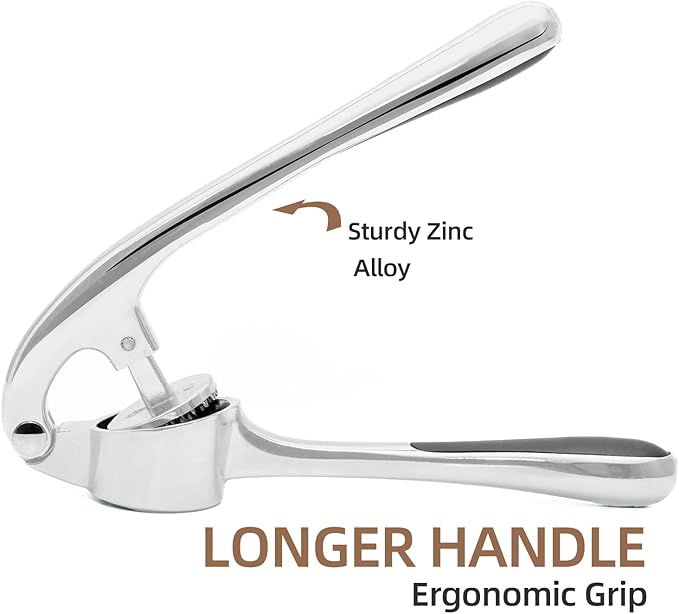 Garlic press for fine mincing, heavy-duty garlic press joystick, rust proof zinc alloy material, ergonomic handle, equipped with silicone peeler and cleaning brush, dishwasher washable, bright silver