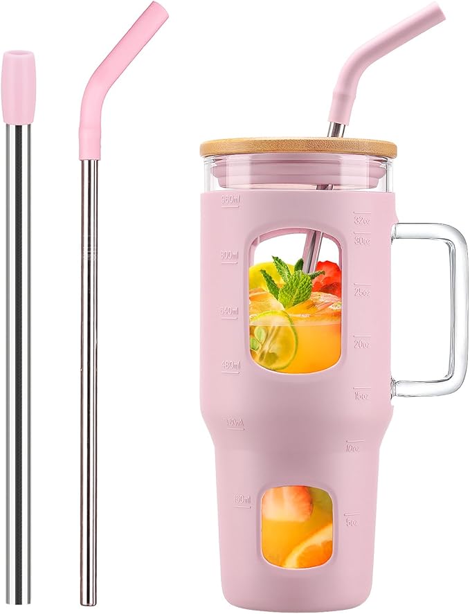 WINSA Glass Tumbler with Straw and Lid, 32 oz Glass Cup with Handle, Glass Water Bottles with Time Marker, 2 Straws - Pearl Straw & Drinking Straw Silicone Protective Sleeve-Pink