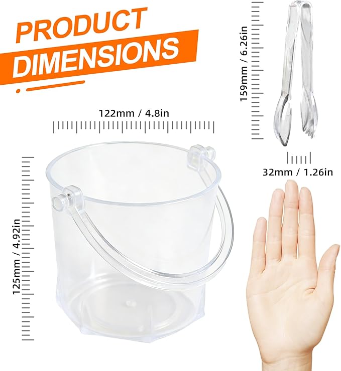 Crystal Ice Bucket with Handle & Tongs-1.1 L Plastic Clear Champagne Ice Buckets for Parties, Beer, Wine, Drinks, Cocktails,-Soda, Mimosa Bar Supplies (Style-C, 37 oz (1.1 L))