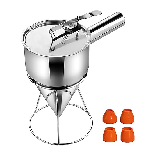 Joyeee Pancake Batter Dispenser, 20oz Funnel Cake Dispenser, Stainless Steel 4 Caliber Batter Dispenser with Squeeze Handle, Durable, Leak-Free and Easy to Clean, Great for Cupcakes, Waffle