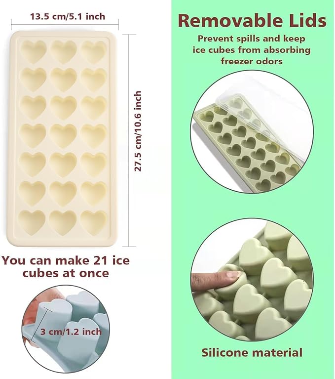Heart Shape Ice Cube Tray, 21 Holes Silicone Ice Cube Mold with Removable Lid Flexible for Whiskey Cocktail Chocolate (White)