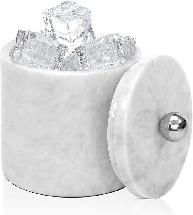 Ice Bucket Marble with Lid 6 Inch White Stone Ice Bucket for Parties, Wine & Champagne Chiller, Small Ice Bucket for Home Bar, Drink Cooler, Freezer Ice Bin & Hosting Party Essentials