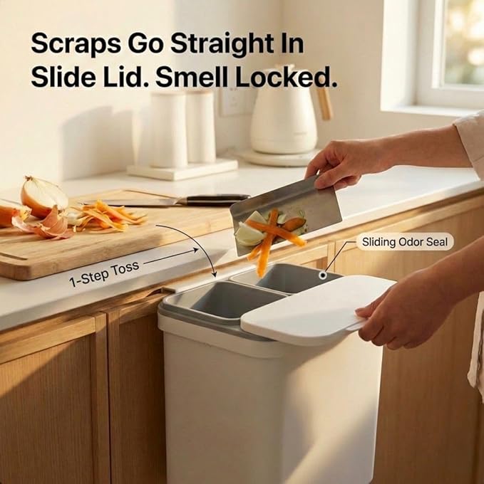 3.2 Galoon Kitchen Compost Bin with lid | Odorless Hanging Trash Can with Sliding Lid for Dry & Wet Waste – 12 L Wall-Mounted Garbage Can for Kitchen Cabinet. Under Sink Trash can for Office.