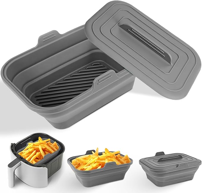Silicone Air Fryer Liners Collapsible, 8.2 Inch Reusable Air Fryer Liners With lid-Long-lasting Freshness - Easy to Clean Air Fryers Pot for 5.8 to 8 Qt Baking Tray Oven Accessories,Gray