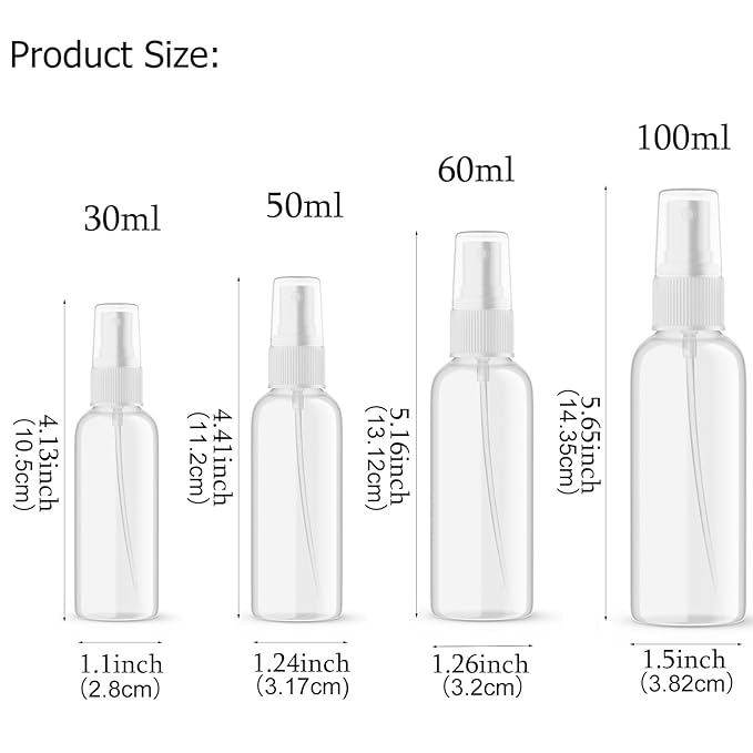 SEVENHEAD Clear Plastic Essential Oil Spray Bottle Four Size - 1oz, 1.7oz, 2oz and 3.4oz, Small Spray Bottle with Plastic Sprayer - Set of 4