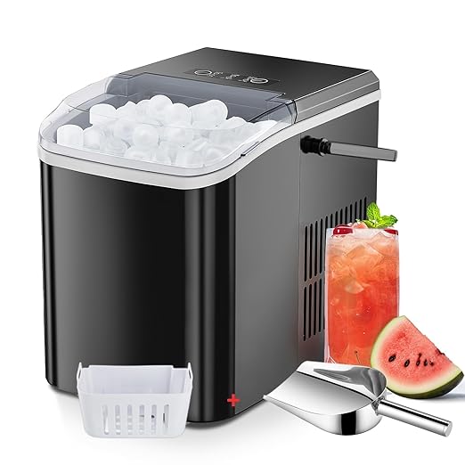 Countertop Ice Maker, Nugget Portable Ice Machine, 9 Bullet Ice Cubes in 6 Mins, 26.6lbs in 24Hrs Self-Cleaning with Handle, Basket, Scoop for Home, Kitchen/Party/Camping/RV