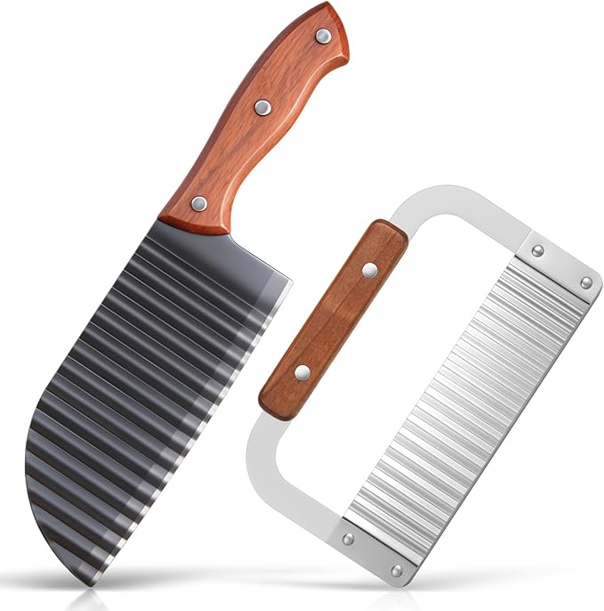Patelai 2 Pcs Crinkle Cutter Set for Potato Vegetable French Fry, Stainless Steel Blade Wavy Slicer, Wavy Crinkle Cutting Tool Salad Chopping Knife Soap Fruit French Fry Slicer (Wooden Handle,Rufous)