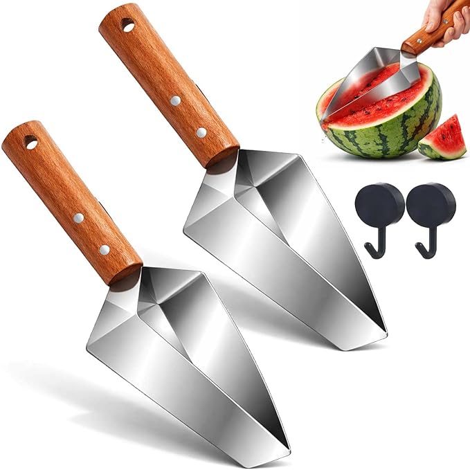 Triangle Watermelon Cutter, Stainless Steel Watermelon Slicer with Wooden Handle, Handheld Fruit Cutter for Kitchen Gadgets, Portable for Summer Camping, Picnics, Home, Parties for Fruit, Cake (2PCS)