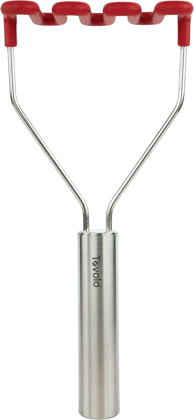 Tovolo Silicone Potato Masher Stainless Steel Handle Cayenne Red Dishwasher Safe Heat Resistant Non Scratch Handheld Coil Wire Potato Smasher for Nonstick Pans Ergonomic Kitchen Food Prep Tool
