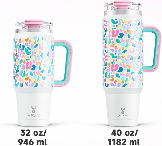 Meoky 32 oz Tumbler with Handle, Insulated Tumbler with Lid and Straw, Stainless Steel Travel Mug, Keeps Cold for 24 Hours, 100% Leak Proof, Fits in Car Cup Holder (Leopard)