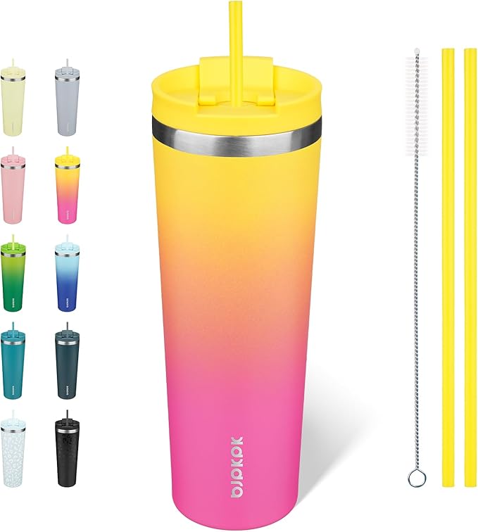 BJPKPK 30oz Stainless Steel Insulated Tumbler With lid And Straw Travel Coffee Thermal Tumblers Cup For Women And Men,Pink Yellow Rose