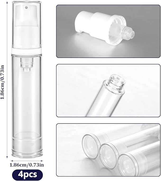4 Pcs Refillable Clear Travel Airless Pump Container - Vacuum Cosmetic Press Pump Bottle for DIY Foundation Gel Lotion Moisturiser Shampoo Toiletry (10ml)