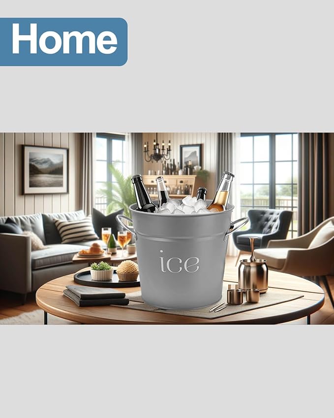3Qt Gray Galvanized Ice Bucket with Lid, Scoop & Handles - Ideal for Cocktails, Parties, BBQs, Wine & Champagne. Double-Layer Insulated Outer & Galvanized Inner Layer, Perfect for Home & Outdoor Use