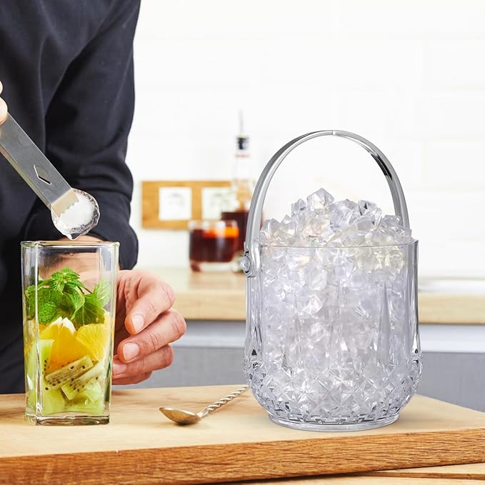 Operitacx Small Plastic Ice Bucket with Tongs and Handle Clear Portable Ice Cube Bucket 5.11 Height for Wine Beer Beverage Cooler and Party Use