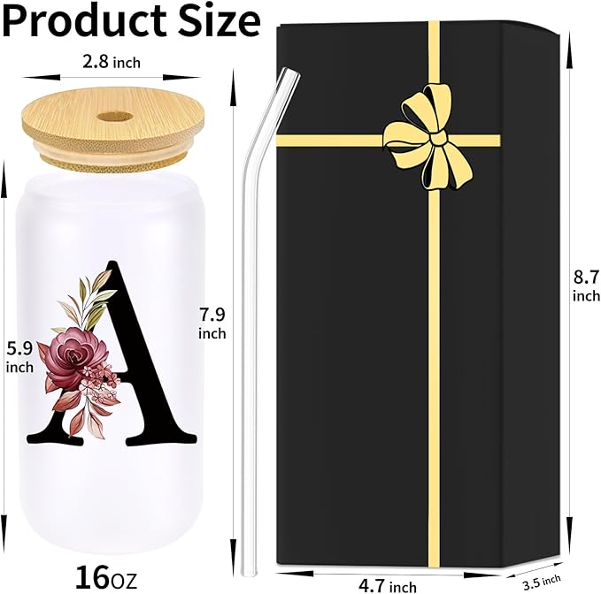 Monogrammed Glass Drinking Cup With Bamboo Lid Straw Customized Iced Coffee Tumbler 16oz Clear Mason Jar Beer Water Smoothie Cocktail Accessories Cool Cute Mug Gift Vasos De Vidrio Con Tapa Popote,A