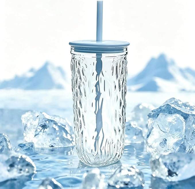 Glass Tumbler with Blue Straw and Lid, 16oz Glacier Texture Glass Iced Coffee Cup with Lids, Cute Coffee Tumbler with Straw, Simple Modern Aesthetic Glass Cup, Gift for Women Girl Sister Friend