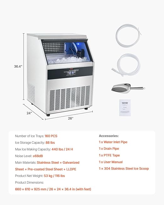 VEVOR 440lbs/24H Commercial Ice Maker, 160 Ice Cubes in 15 Minutes, Freestanding Ice Maker Machine with 88lbs Large Storage Capacity for Bar Office Restaurant, with LED Digital Display & Self-Cleaning