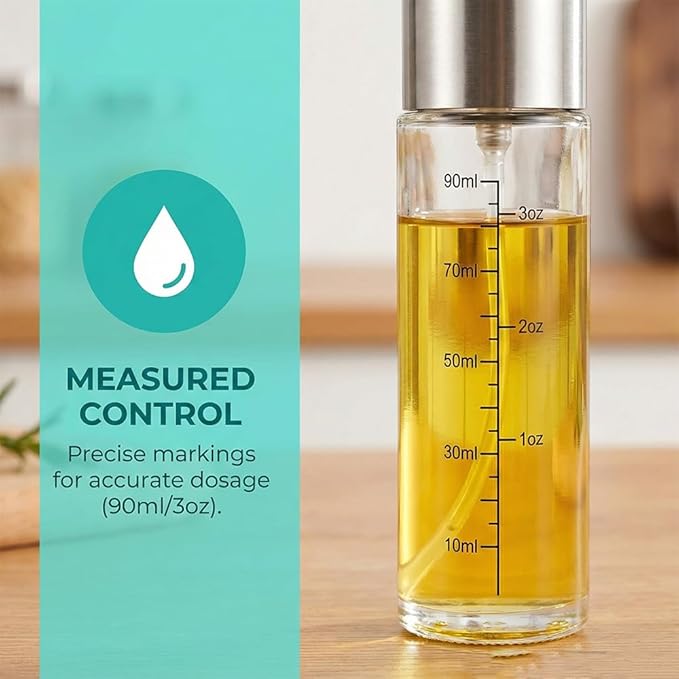 Oil Sprayer Mister, 100ml Glass Bottle with Continuous Spray for Cooking, Salads, BBQ, Baking, Air Fryers, Portion Control Kitchen Dispenser