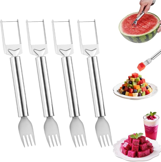 2-in-1 Stainless Steel Fruit Cutter, Watermelon Slicer with Fork, Dual Head Watermelon Fork Slicer Tool for Cubes, Fruit Knife with Round Handle for Home Kitchen, Picnic & Party (4Pack)