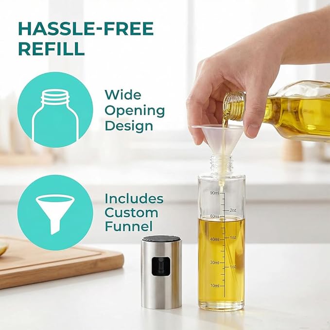 Oil Sprayer Mister, 100ml Glass Bottle with Continuous Spray for Cooking, Salads, BBQ, Baking, Air Fryers, Portion Control Kitchen Dispenser