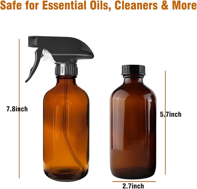 LANBEAUTIFY 8oz Amber Glass Spray Bottles - 2 Pack Empty Refillable Bottles for Cleaning, Hair Care, Essential Oils, Plants - Includes Durable Nozzle, Labels, Funnel & Dropper, Handheld Size