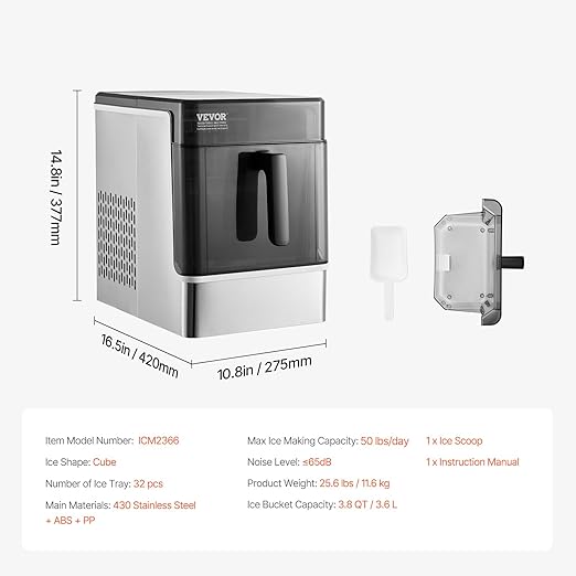 VEVOR Ice Cube Maker Countertop, 32 Cubes Ready in 15 Mins, 50lbs/24h Self-Cleaning Portable Ice Maker with Convenient Ice Transfer, 3 Sizes Ice Cube Maker Machine for Home Kitchen Office Party