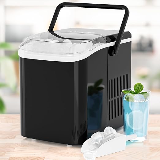 Ice Makers Countertop, Portable Ice Machine with Handle, 6 Mins 9 Bullet Ice Cubes with Basket and Scoop, 26lbs in 24Hrs, Auto-Cleaning, for Home, Kitchen, RV, Camping, Black