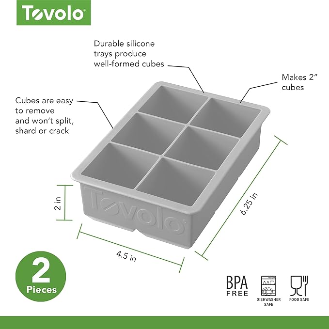 Tovolo Large 2” King Cube Ice Tray Oyster Gray Ice Cube Trays for Whiskey Cocktails Smoothies, Big Square Ice Cube Mold Silicone Freezer Tray for Perfect Rock Cubes BPA Free Dishwasher Safe