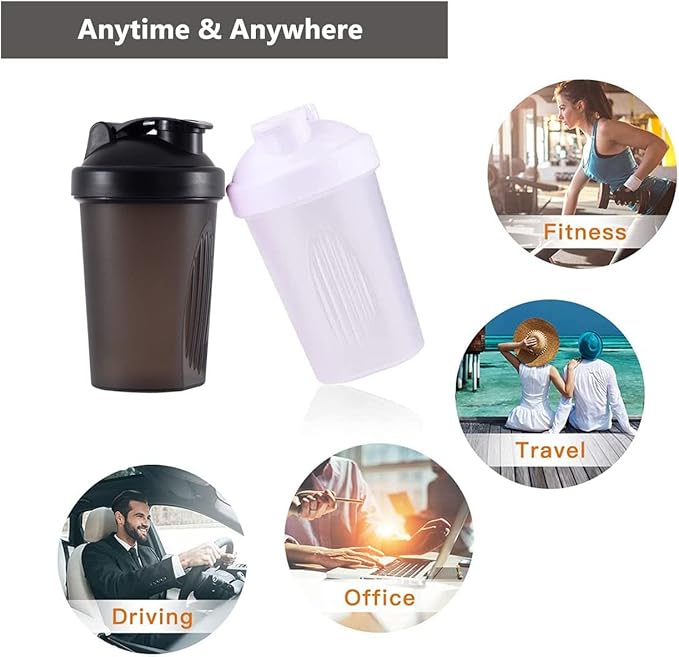 Shaker Bottle Protein Shakes and 16-Ounce/400ML Shaker-Bottle with Whisk Balls, Non-BPA plastic (Black+White(2PCS))