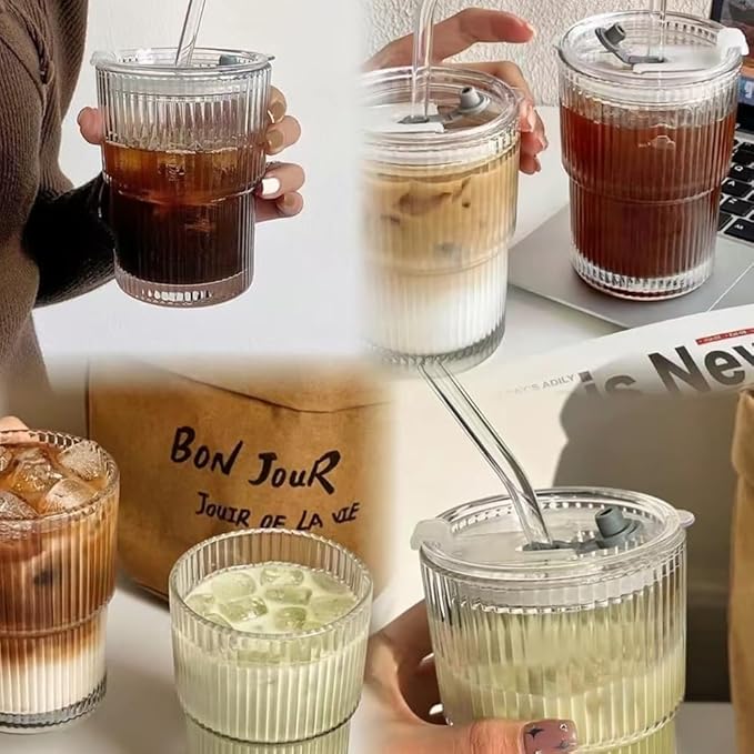 TINMIX 13.5OZ Small Glass Cups with Lids and Straws Mason Jar Low Drinking Glasses Ripple Glassware Iced Coffee Tumbler Smoothie Cup for Beer, Cocktail (2)
