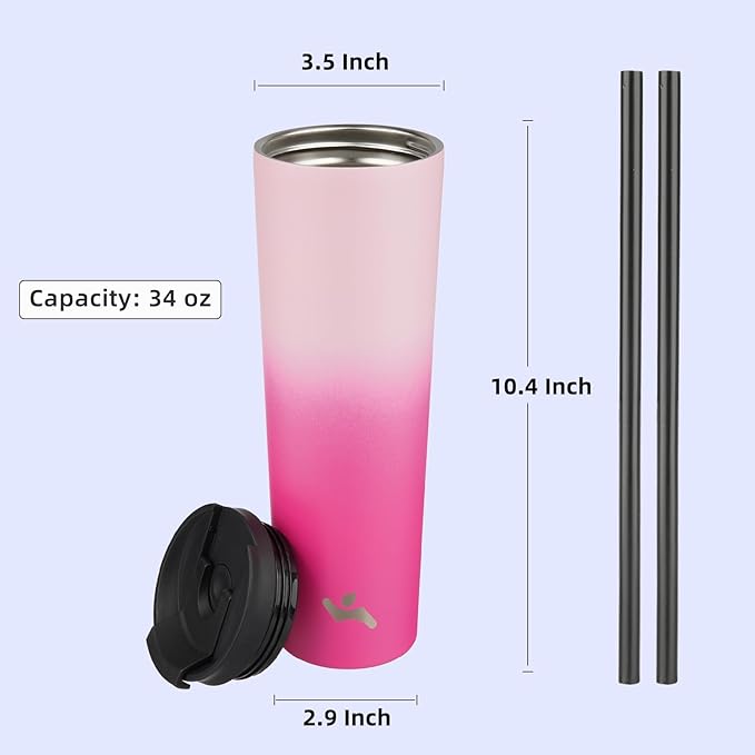 Konokyo 34 OZ Insulated Tumbler with Lid and 2 Straws Stainless Steel Water Bottle Vacuum Travel Mug Coffee Cup,Cherry