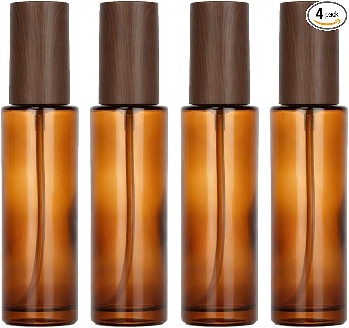 4Packs 60ml/2Oz Amber Glass Spray Bottle Refillable Fine Mist Sprayer with Wood Grain Cap Reusable Empty Container for Perfume, Essential Oils, Room Spray