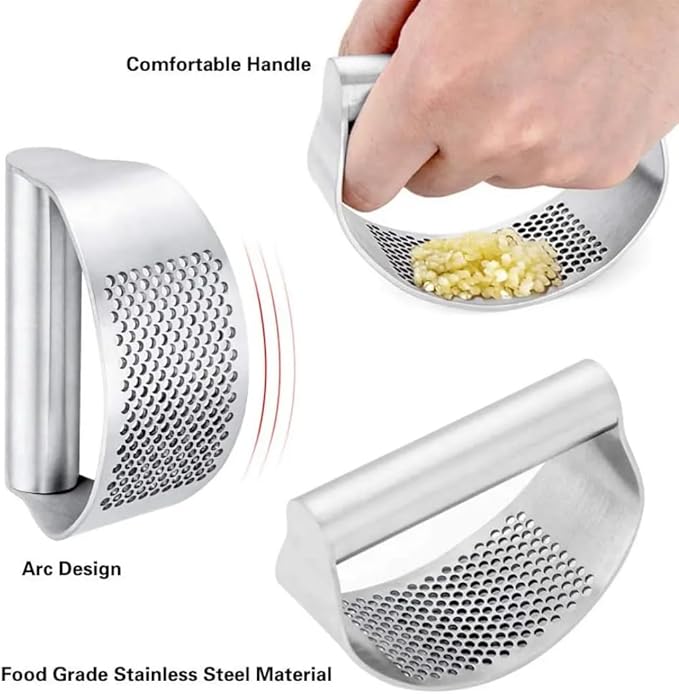 Garlic Press Rocker, Stainless Steel Garlic Mincer and Heavy Duty Stainless Steel Garlic Press Garlic Crusher,mincer tool Easy-Squeeze Garlic Tool with Peeler Cleaning Brush for Smashing Garlic