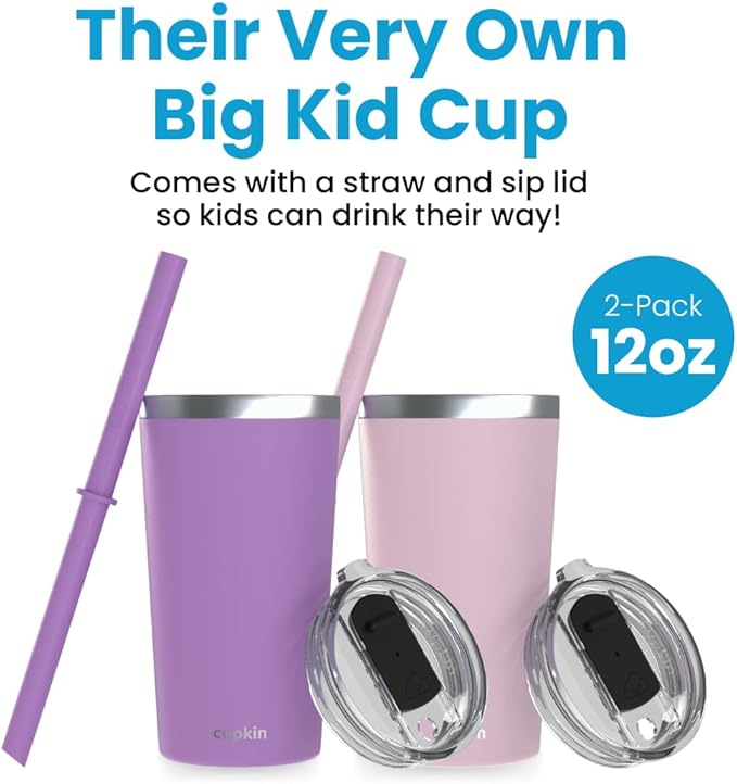 CUPKIN Toddler Tumblers, The Original 12 oz Stackable Stainless Steel Cups, Set of 2 Powder Coated Insulated Kids Water Bottle Alternative & BPA Free Lids + Reusable Silicone Straws (Pink + Purple)