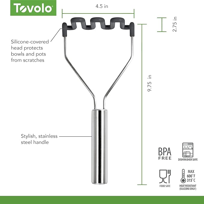 Tovolo Silicone Potato Masher Stainless Steel Handle Black Dishwasher Safe Heat Resistant Non Scratch Handheld Coil Wire Potato Smasher for Nonstick Pans Ergonomic Kitchen Food Prep Tool